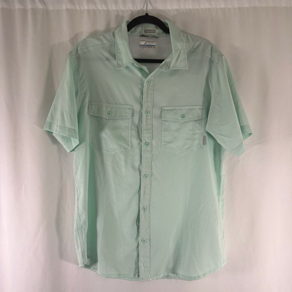 Columbia Shirt Men's Medium Green Teal Short Sleeve Lightweight Utility Fishing